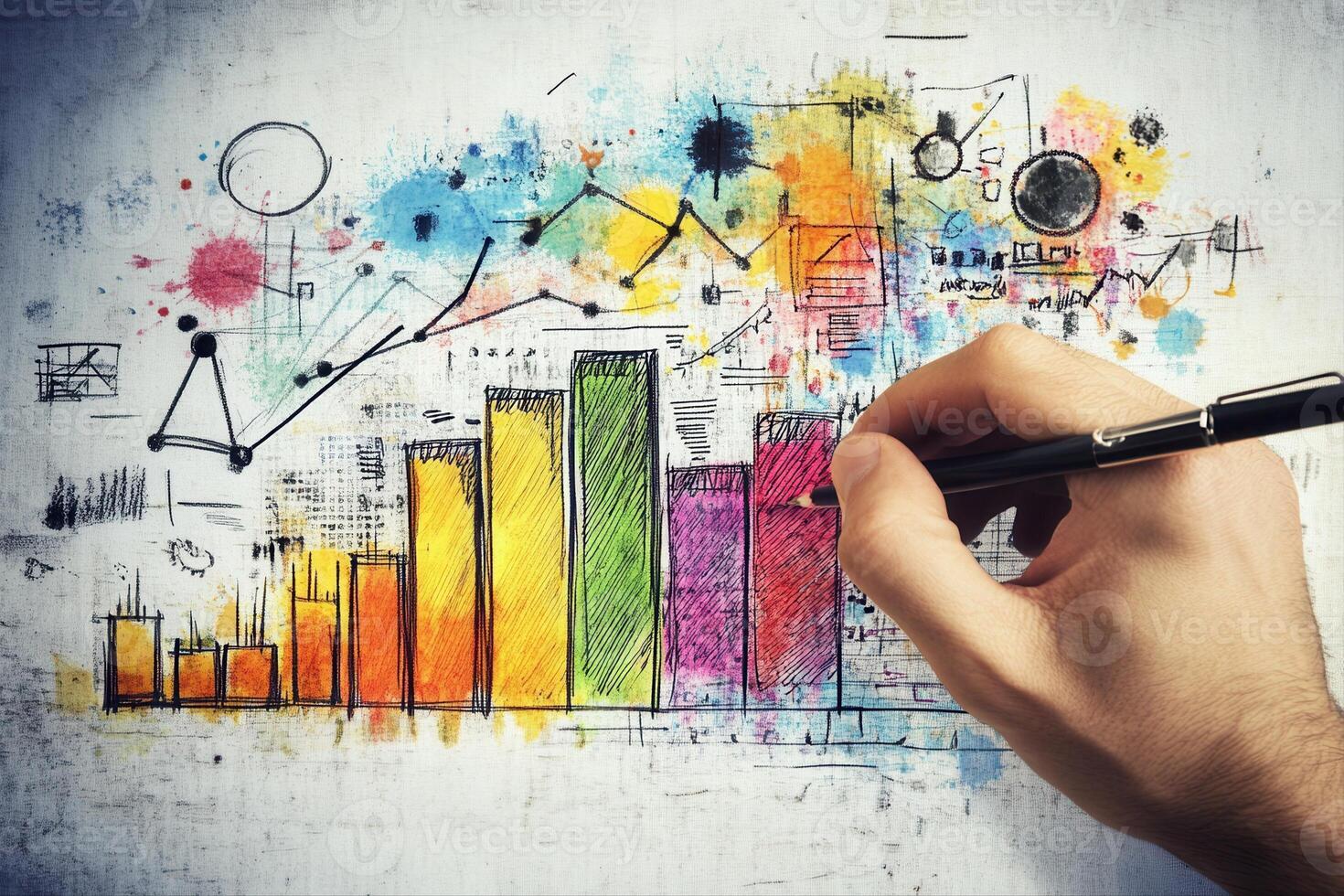 Colorful hand-drawn graphs and charts illustrating data analysis and trends on a textured background photo