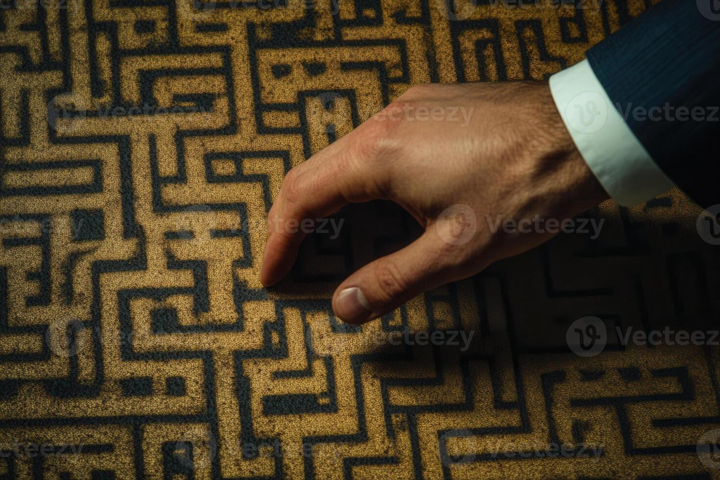 A businessman navigating a complex maze pattern on a table, symbolizing strategic decisions photo