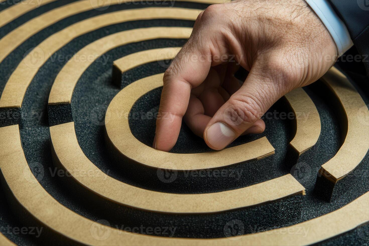 A businessman navigating a labyrinth with a focused hand gesture, symbolizing problem-solving photo