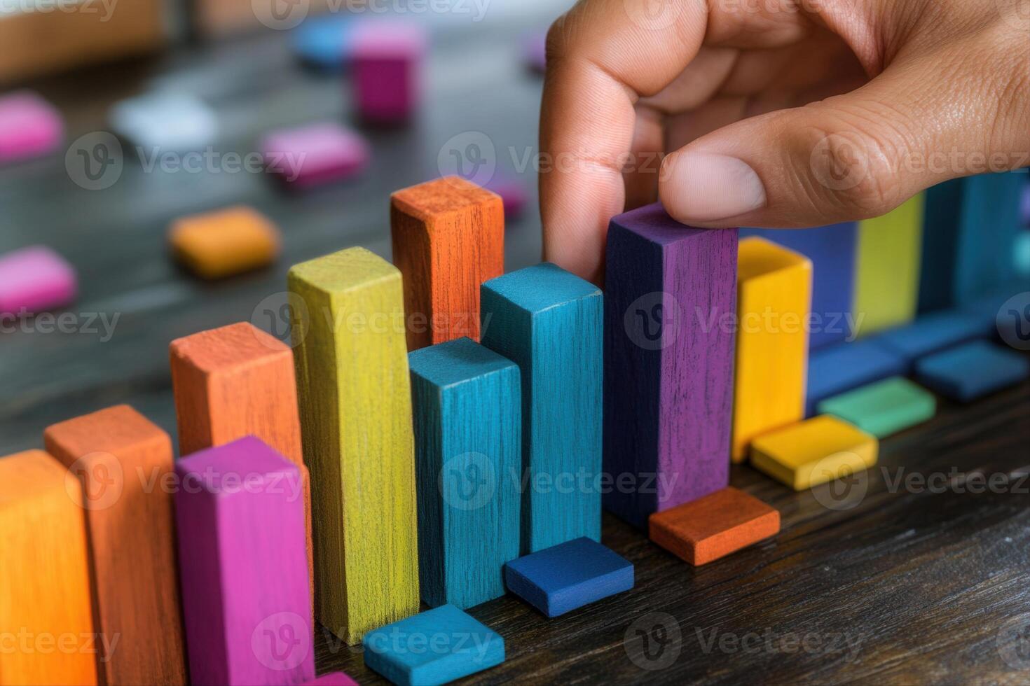 Colorful wooden blocks arranged in a bar graph, showcasing data analysis in a bright workspace photo