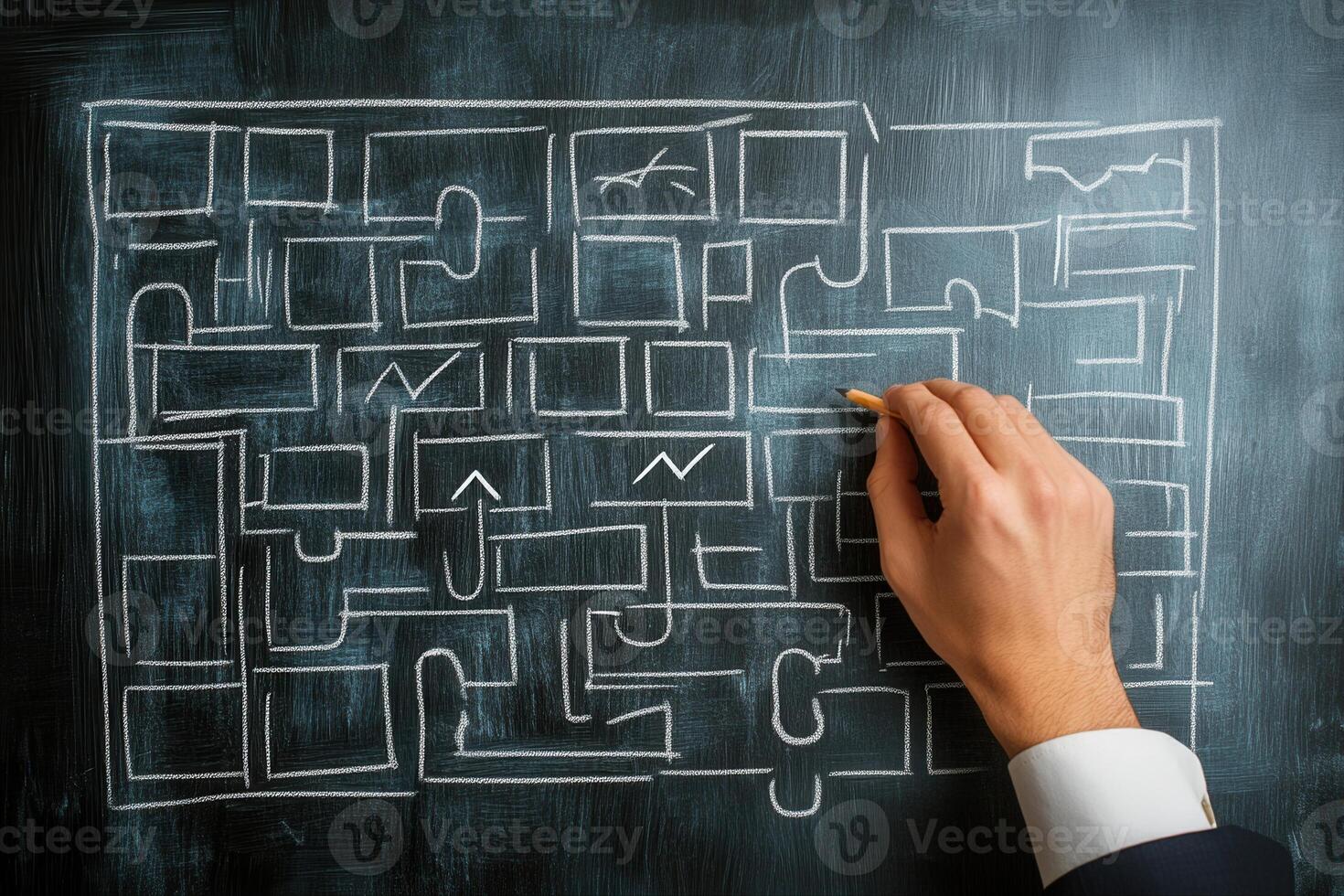 A hand draws a complex maze on a chalkboard, symbolizing problem-solving and strategy photo