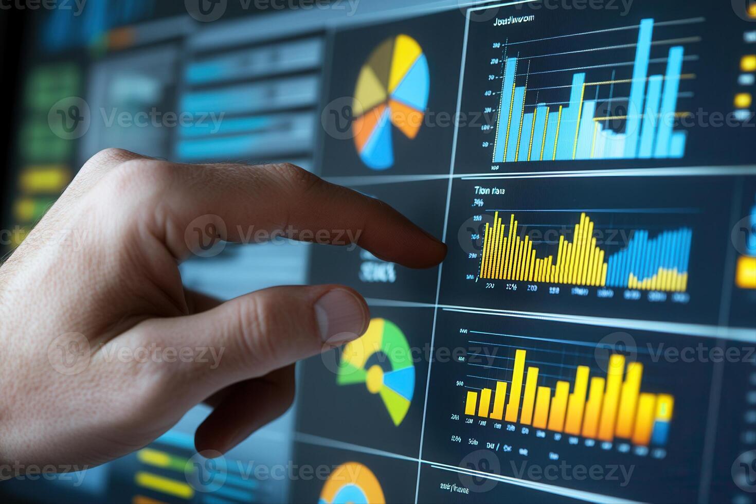 A close-up of a hand interacting with a digital dashboard displaying colorful data visualizations photo