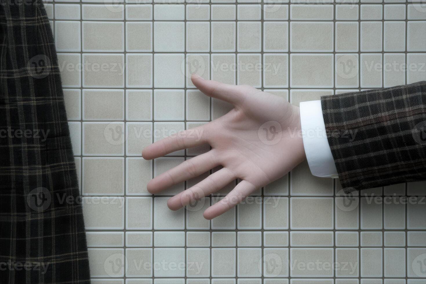 A mannequin hand reaching out from behind a tiled wall, creating an eerie atmosphere photo