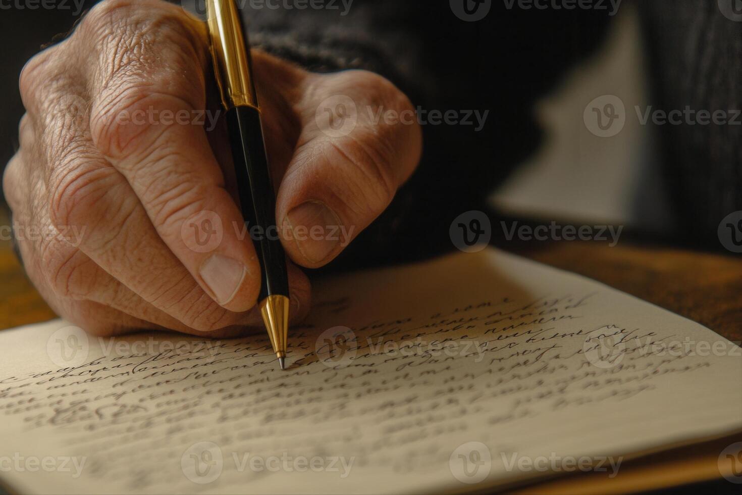 Close-up of a person's hand writing on a piece of paper with a pen, capturing a thoughtful moment photo