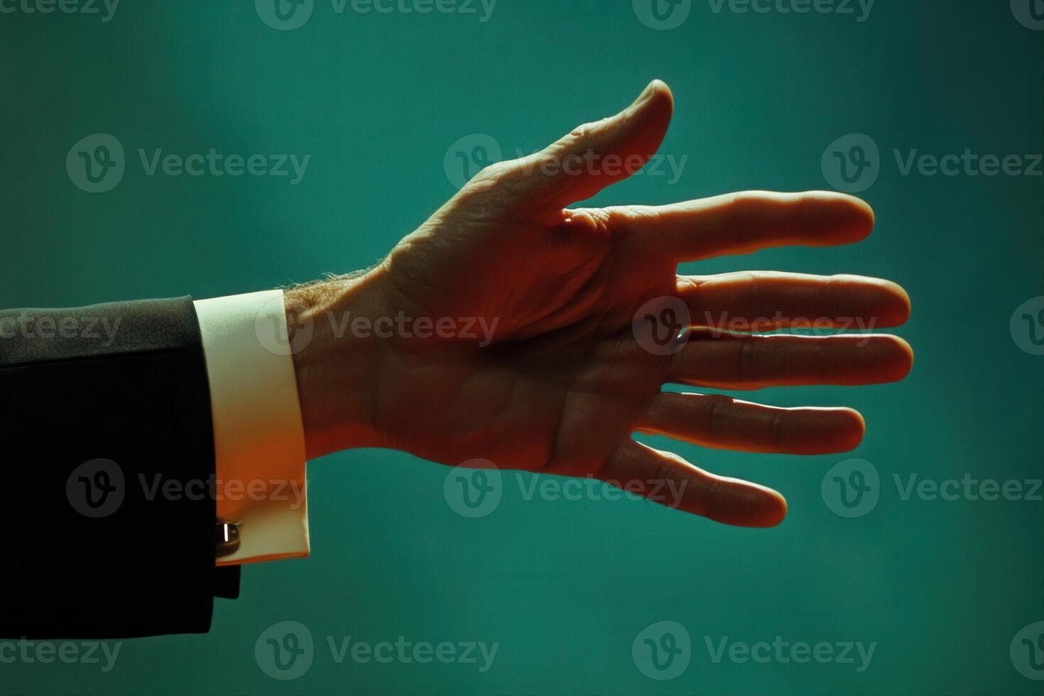 Elegant hand gesture of a business professional against a teal background, symbolizing invitation photo