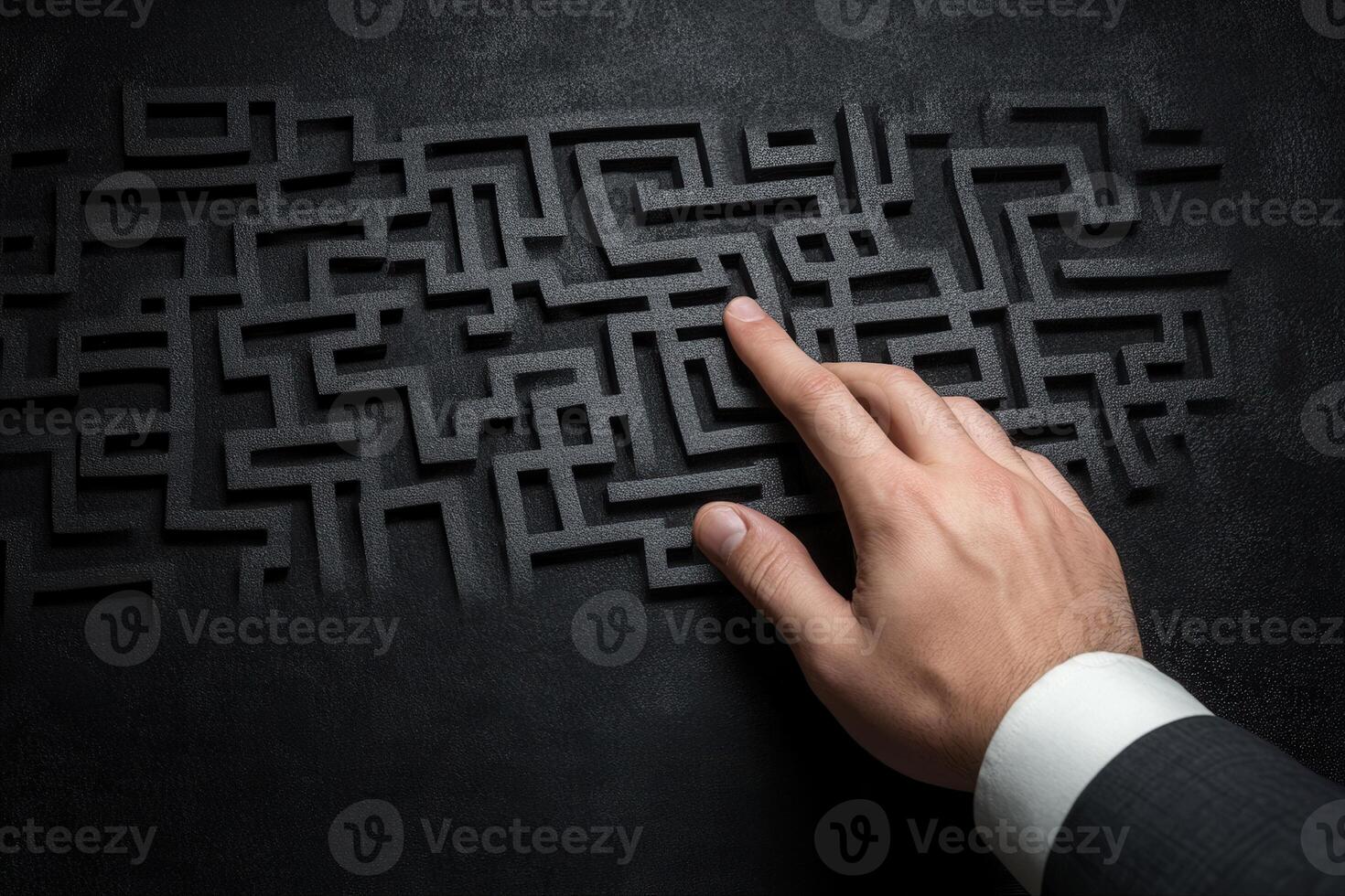 A business professional navigating a complex maze design with a focused hand gesture photo