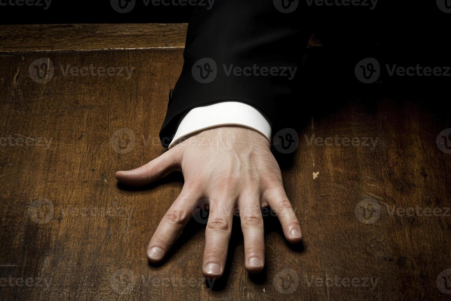 A close-up of a man's hand in a suit resting on a wooden table, conveying tension and focus photo