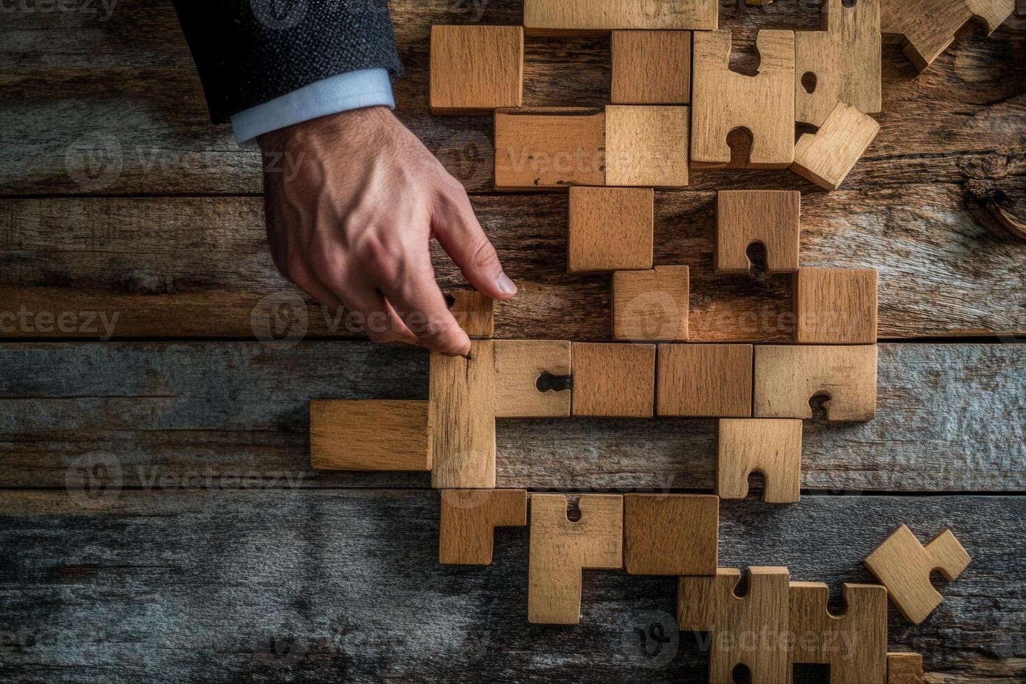 A hand assembling wooden puzzle pieces on a rustic wooden table, showcasing problem-solving skills photo