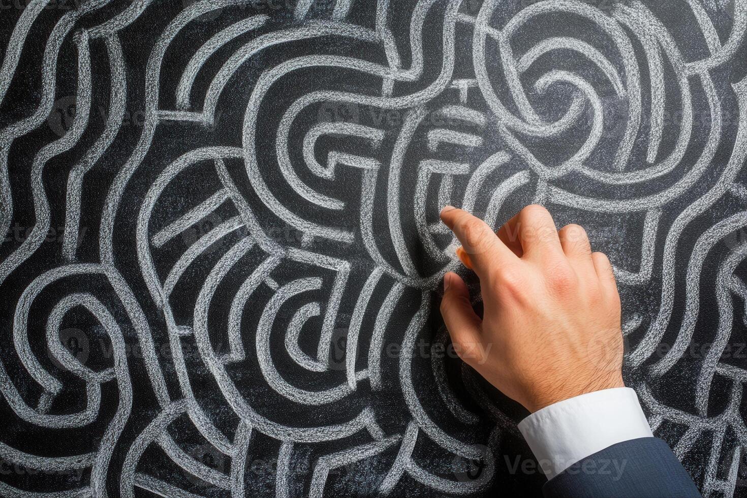 A hand navigating a complex chalk maze on a blackboard, symbolizing problem-solving photo