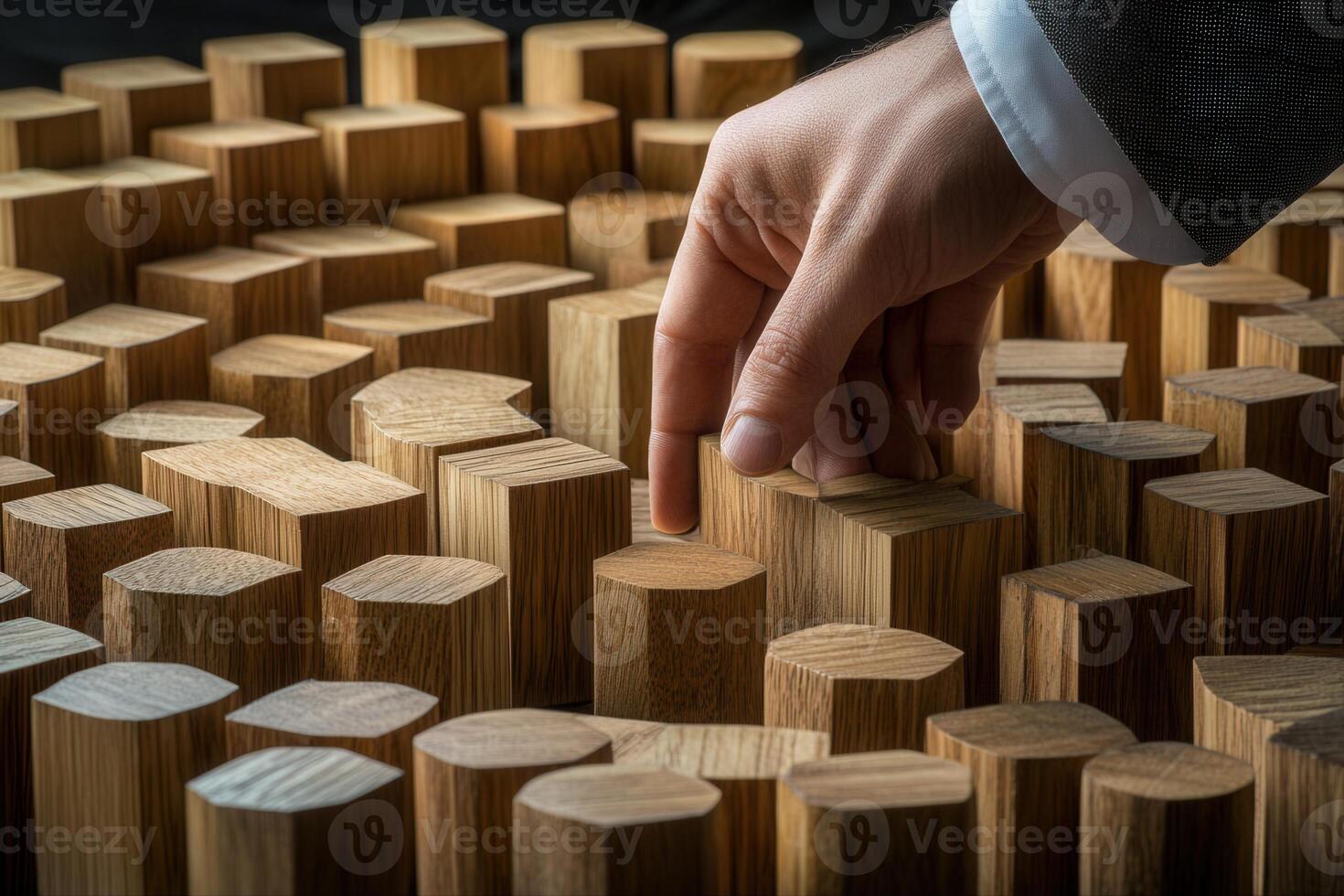 A hand delicately interacts with a textured wooden puzzle, showcasing focus and precision photo