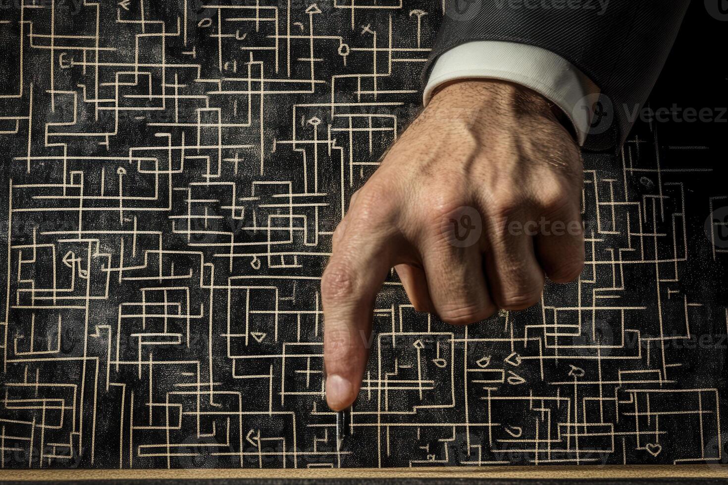 A business professional's hand pointing at a complex maze design on a dark surface photo