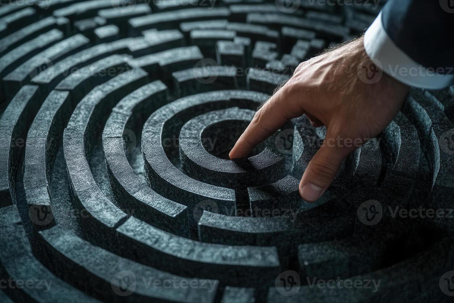 A business professional navigating a complex maze with a focused hand gesture in a dark setting photo
