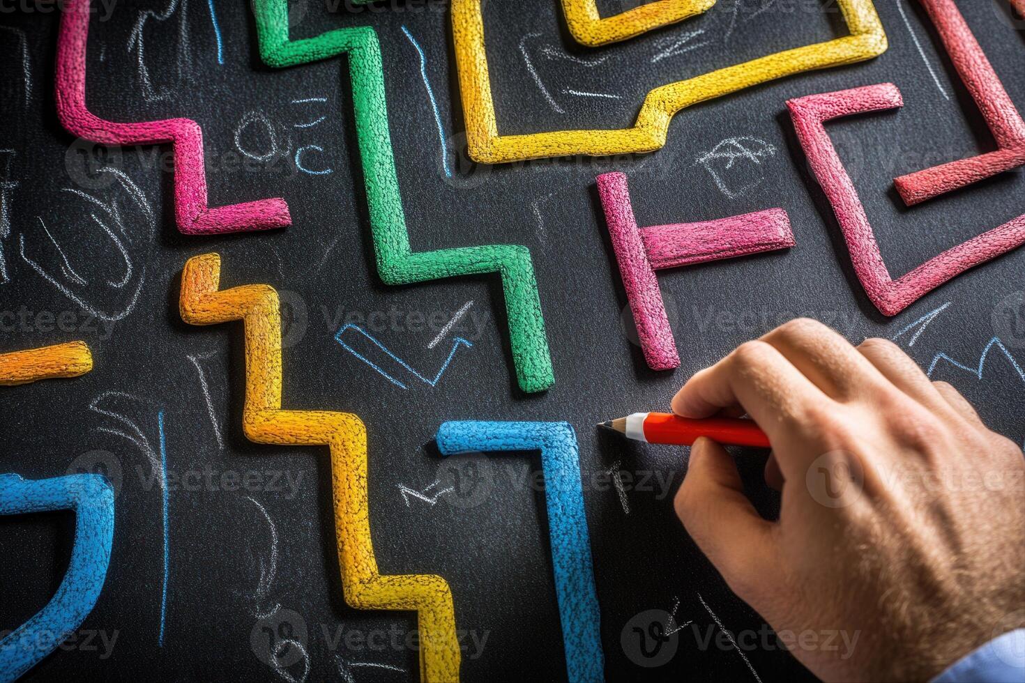 A hand drawing colorful patterns on a chalkboard, showcasing creativity and artistic expression photo