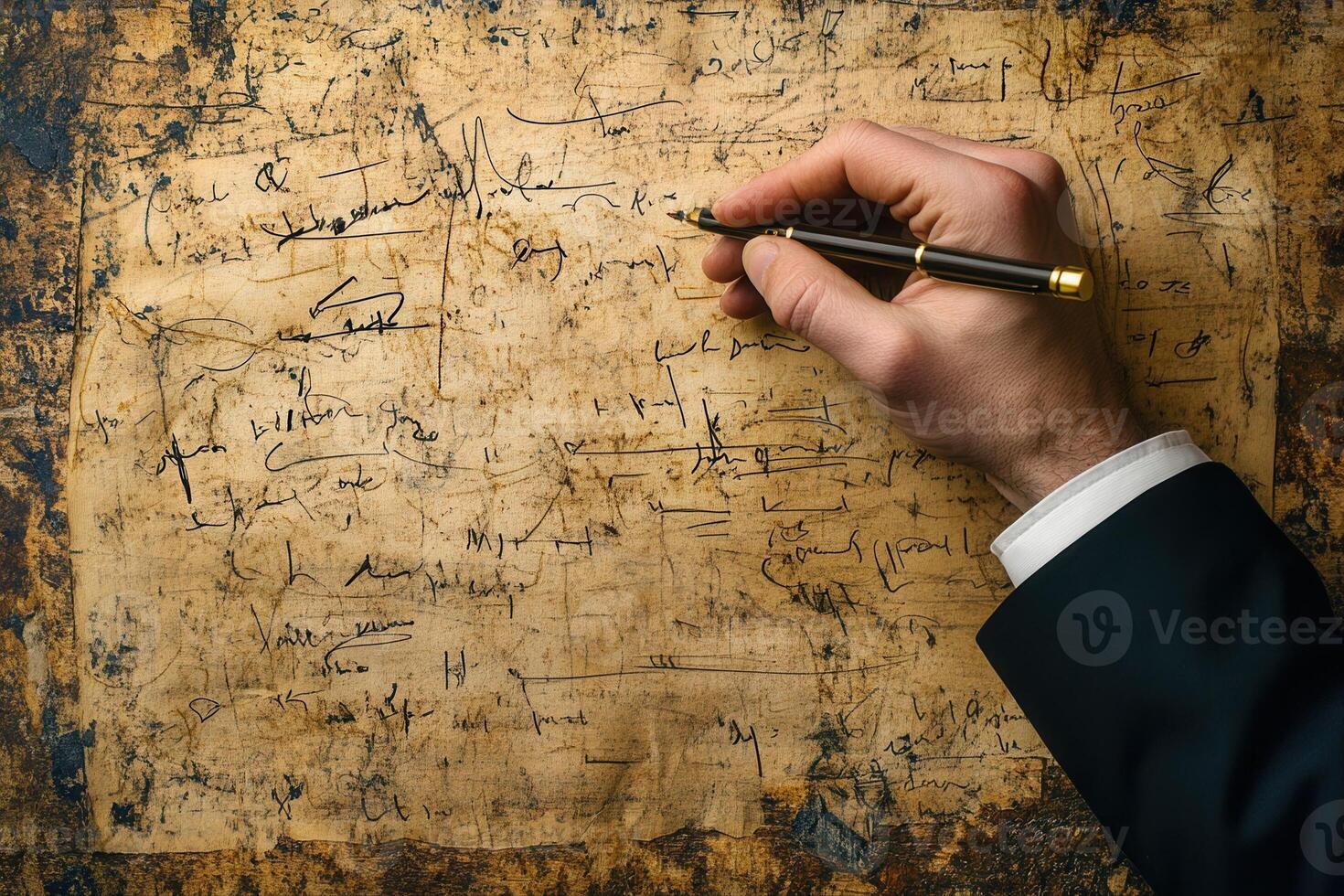 A hand holding a pen writes on an ancient parchment filled with intricate notes and sketches photo