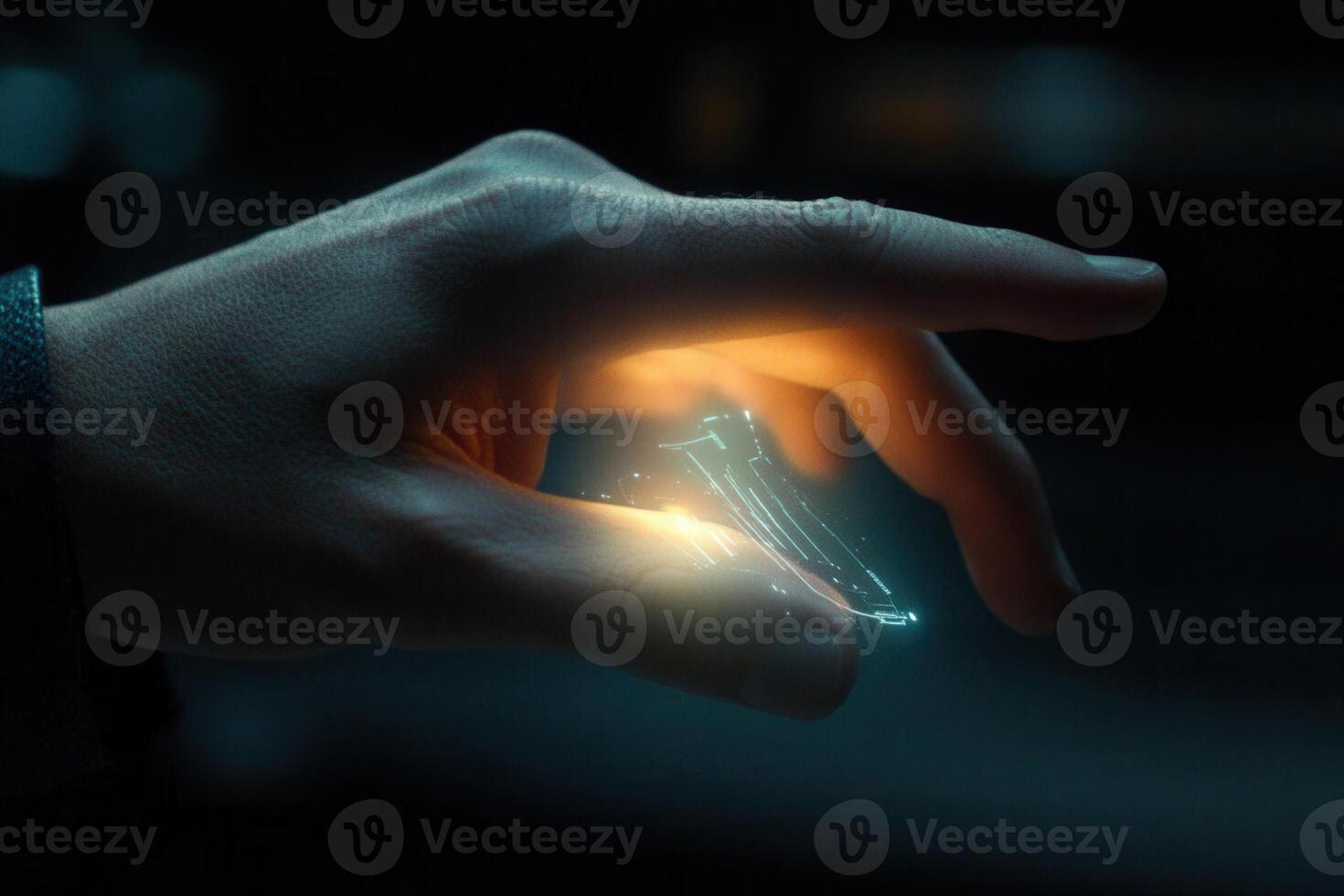 A futuristic hand manipulating a glowing holographic object in a dark, tech-inspired environment photo