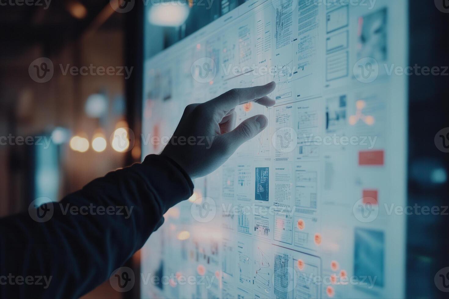 Person interacting with a digital display showcasing various documents in a modern workspace photo