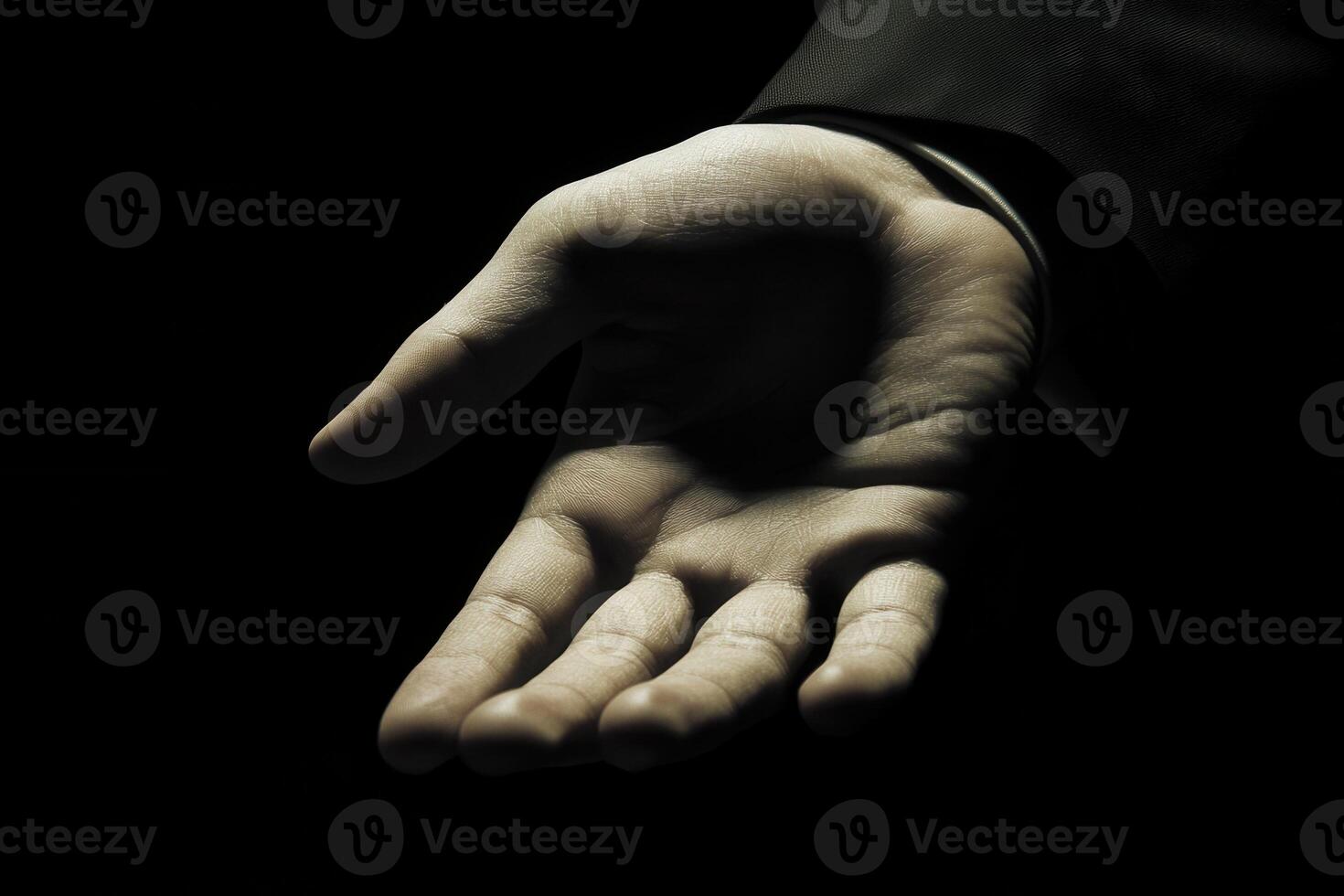Outstretched hand in darkness, symbolizing invitation or assistance, with subtle shadows photo