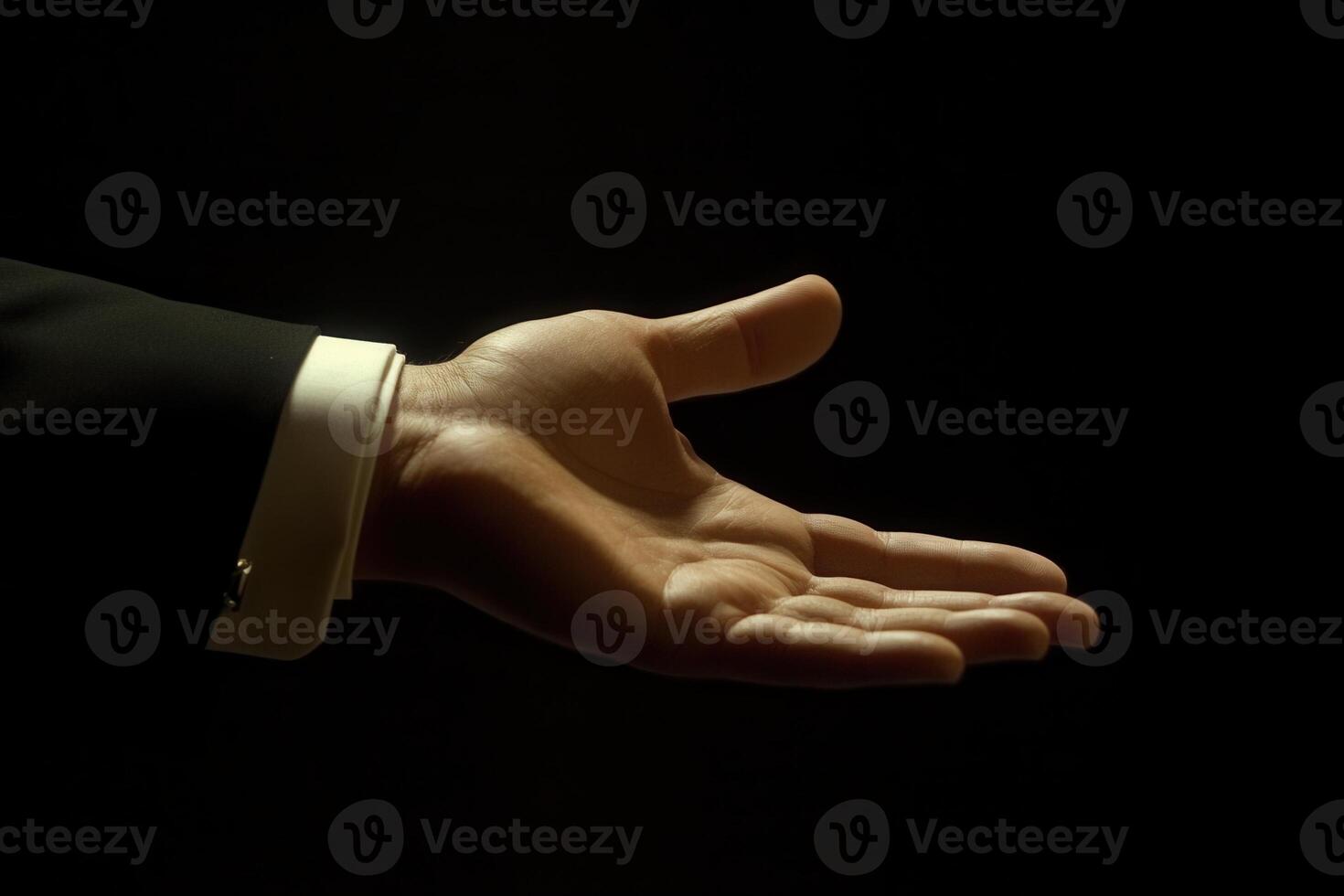 Elegant outstretched hand in formal attire against a dark backdrop, symbolizing invitation photo