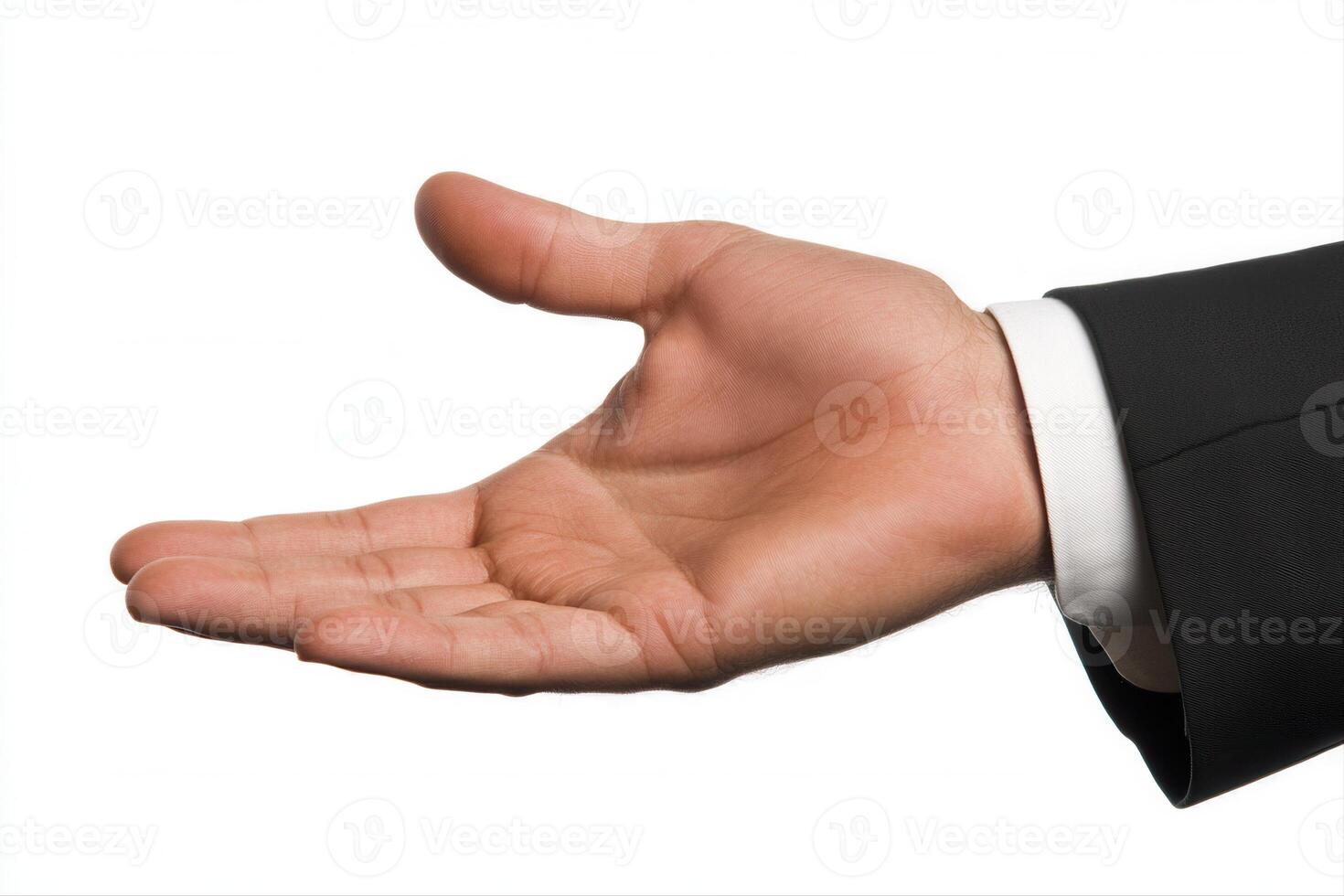 Open hand gesture in a business setting, symbolizing welcome or agreement, with a plain background photo