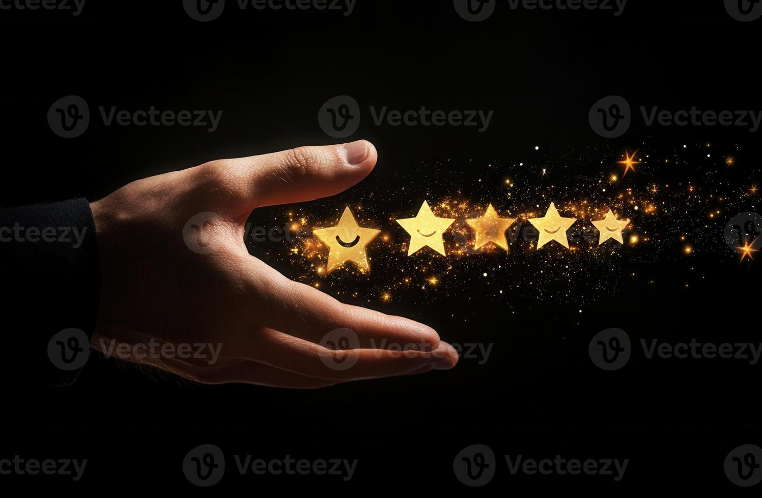 Hand casting golden stars in a dark setting, symbolizing success and achievement photo