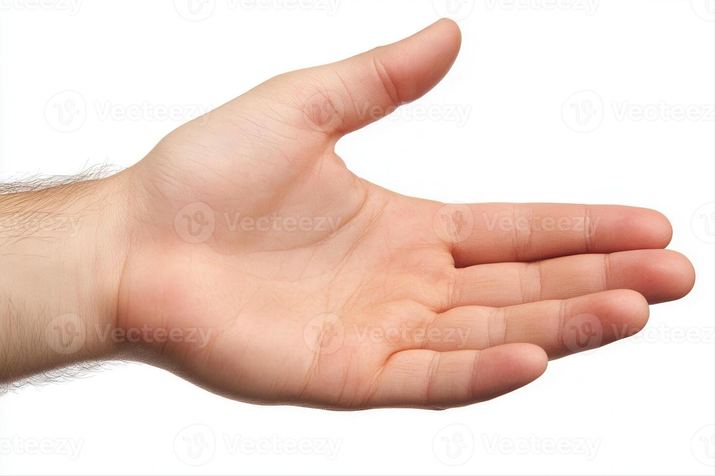 Open hand gesture against a plain background, symbolizing greeting or offering assistance photo