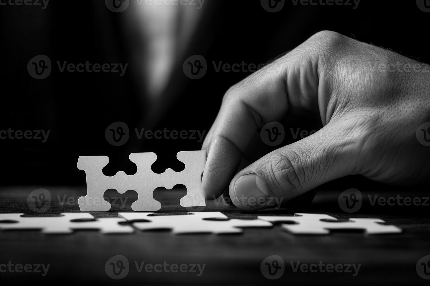 Hand placing a white puzzle piece on a wooden table in a monochrome setting photo