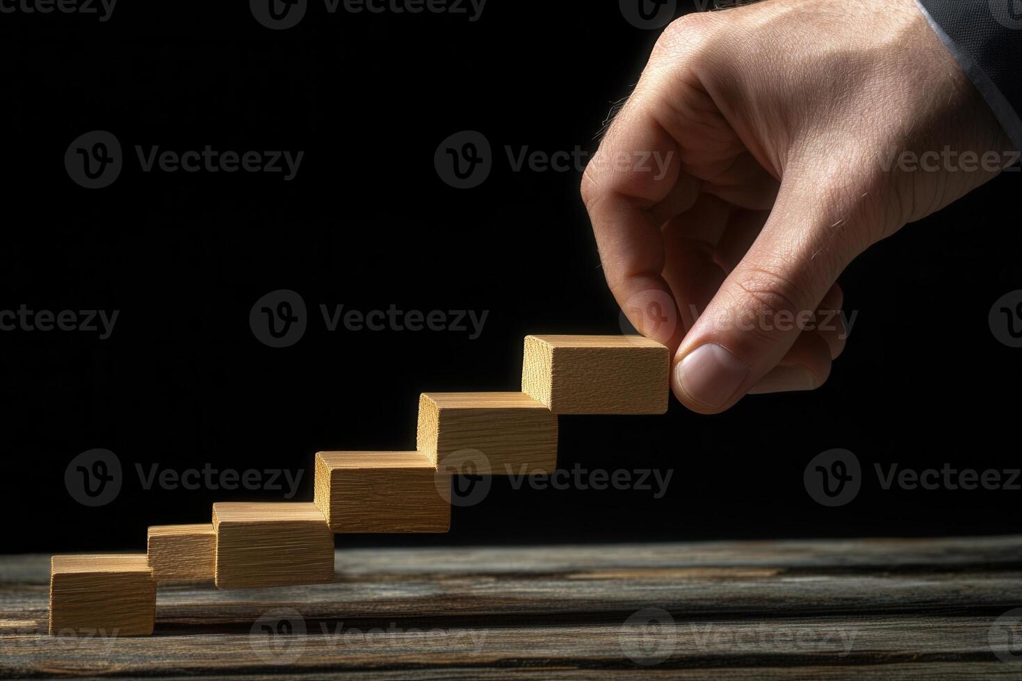 Hand placing wooden blocks to create a staircase on a dark background, symbolizing progress photo