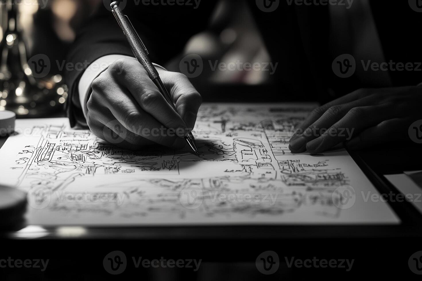 Professional hand sketching architectural plans on a desk, with soft lighting in the background photo