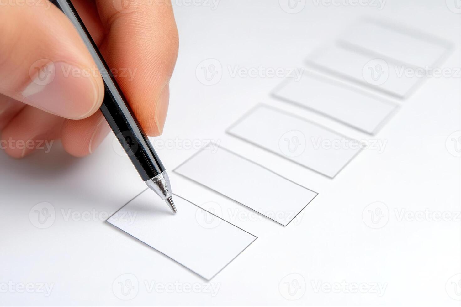 Hand holding a pen poised above empty checklist boxes on a clean white surface photo