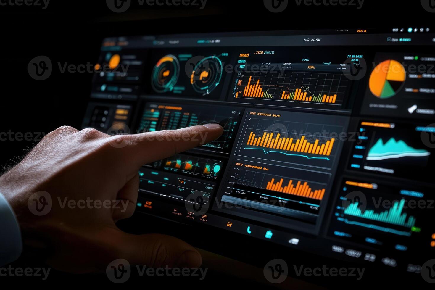 User interacting with a digital dashboard displaying analytics and performance metrics photo
