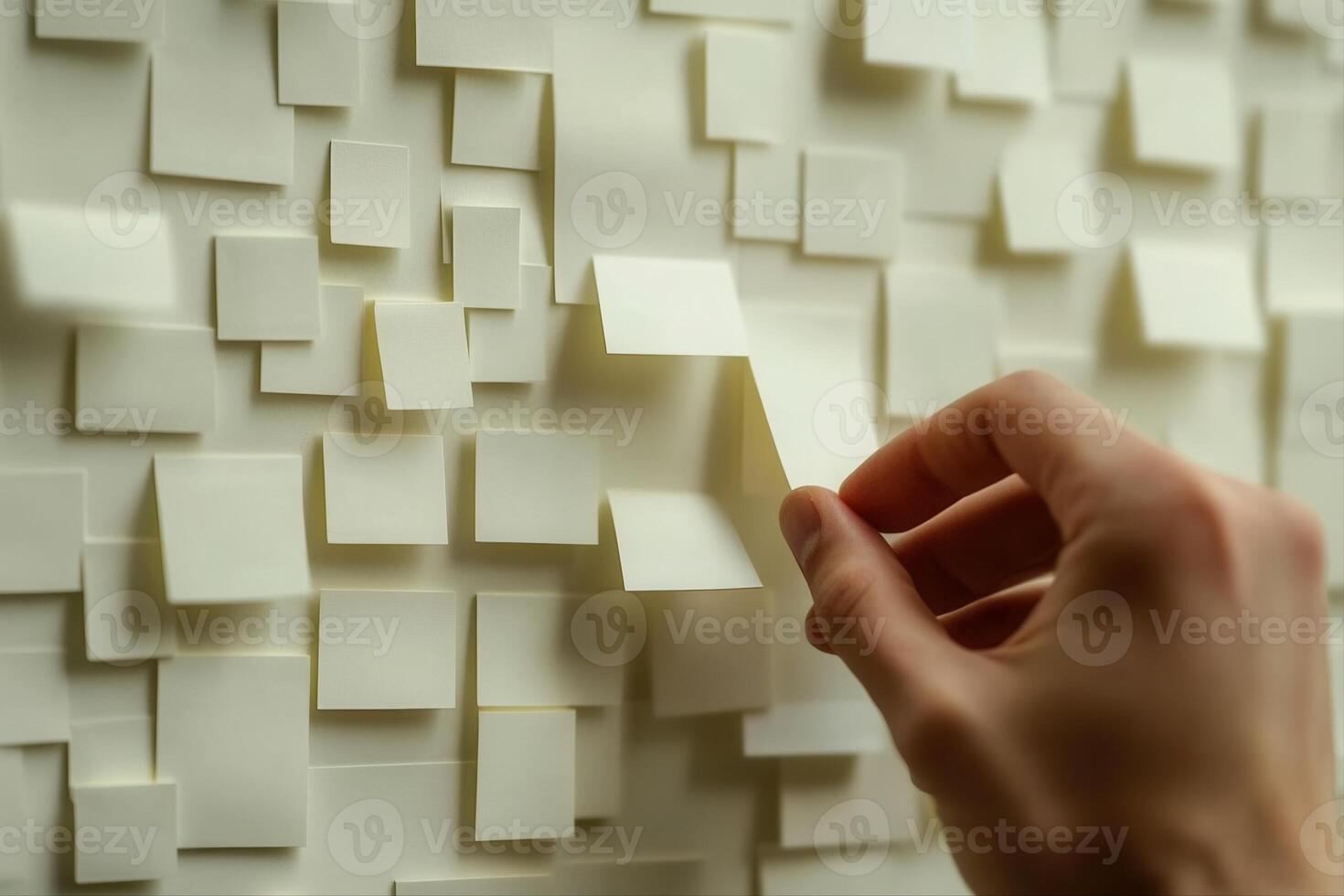Hand removing a sticky note from a wall covered in various white post-it notes photo
