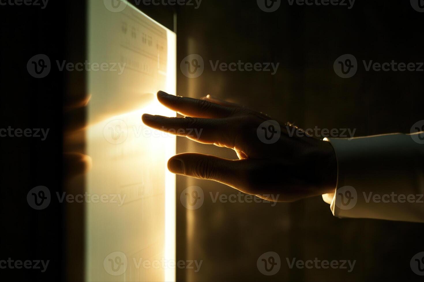 Person interacting with a glowing touchscreen in a dimly lit environment, showcasing technology photo
