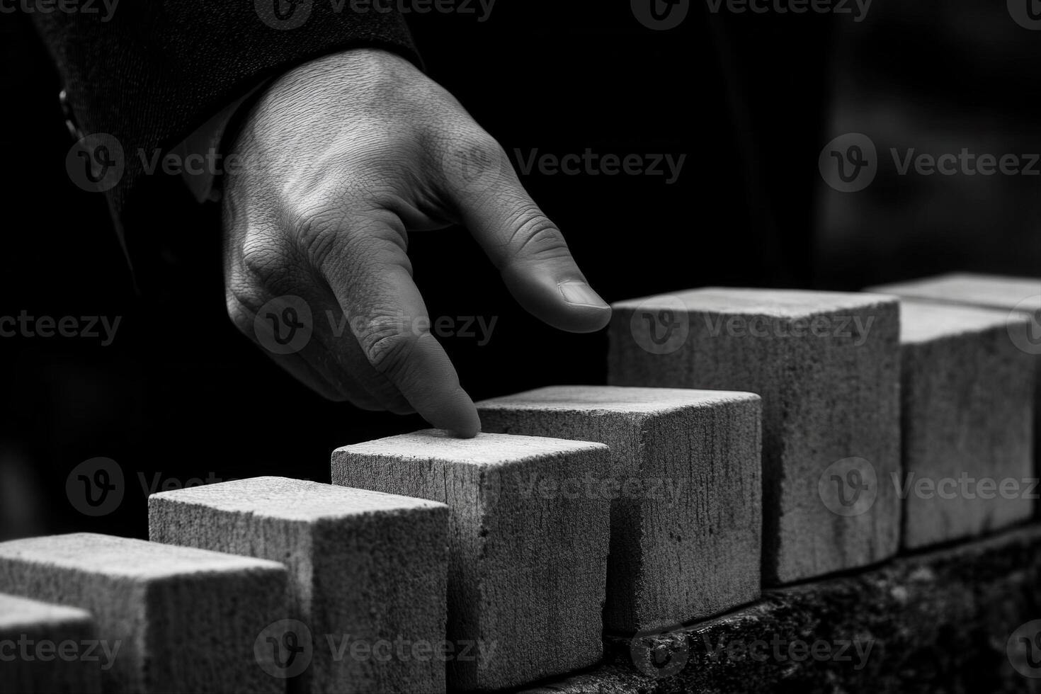 Hand arranging concrete blocks in a monochrome setting, showcasing craftsmanship and focus photo