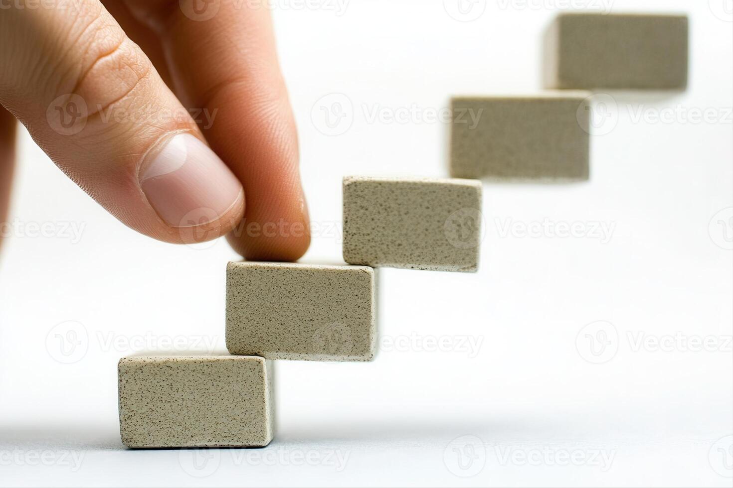 Hand carefully placing building blocks to create a staircase, symbolizing progress and growth photo