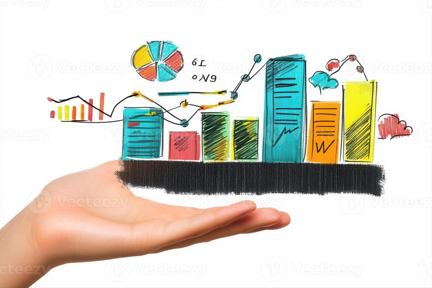 Hand presenting colorful bar graphs and charts illustrating business growth and analysis photo
