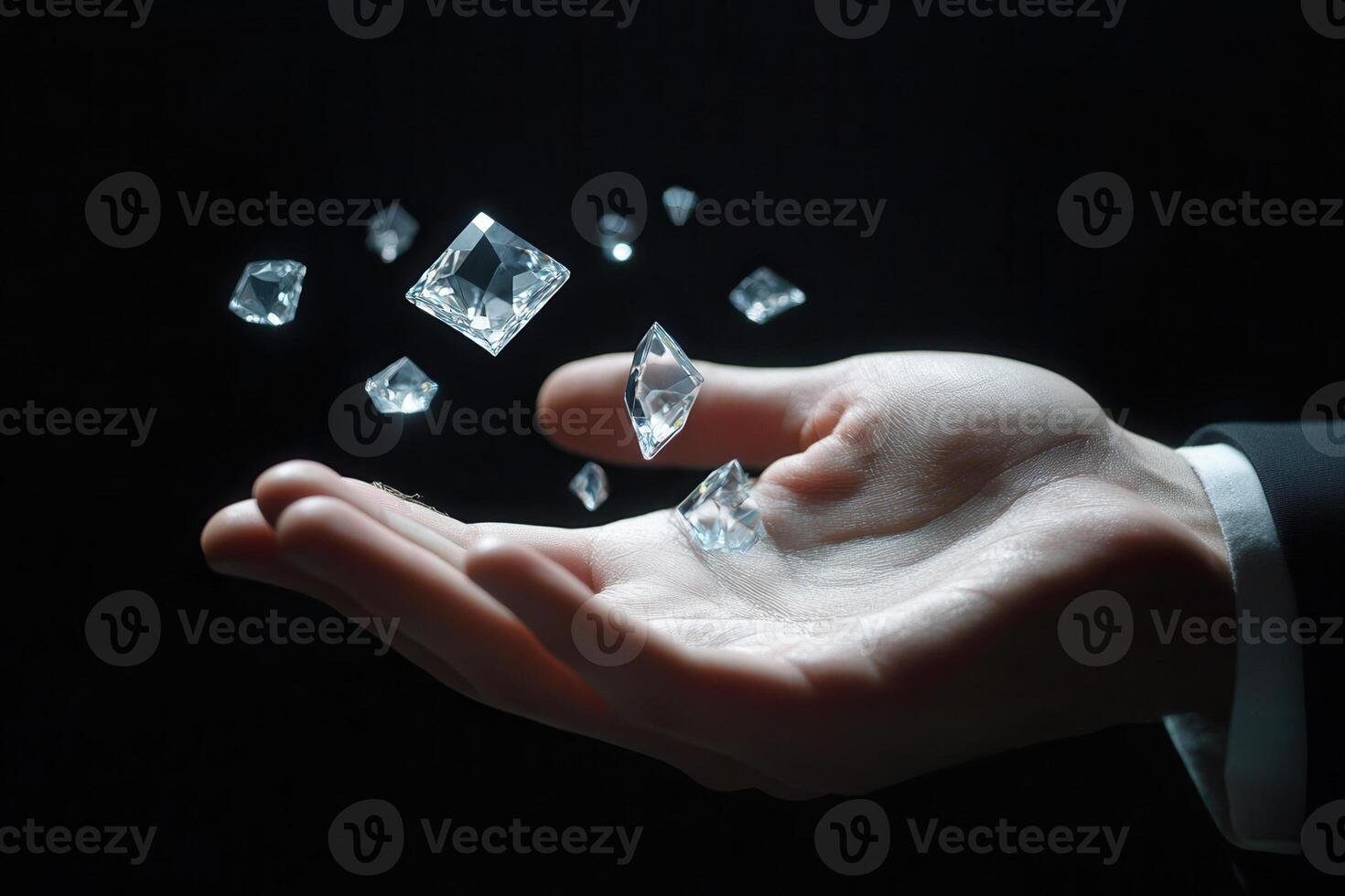 Hand holding sparkling diamonds against a dark background, showcasing luxury and elegance photo
