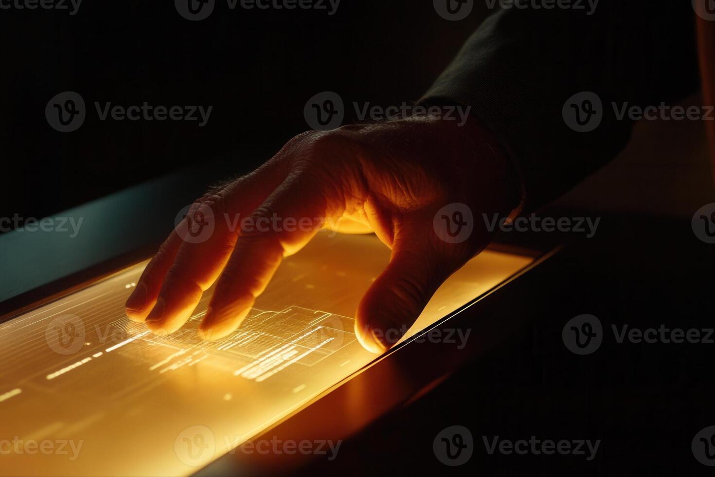 Hand interacting with a glowing touchscreen interface in a dimly lit room, showcasing technology photo
