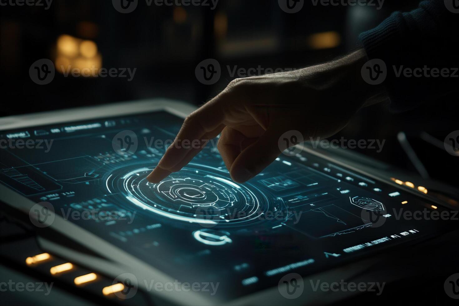 Futuristic hand interacting with a touchscreen display, showcasing advanced technology in a dimly lit room photo