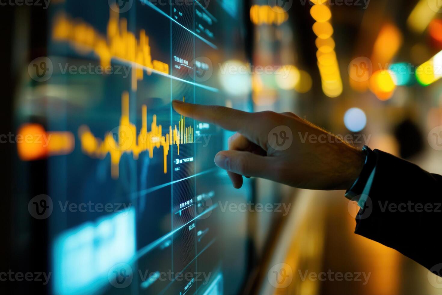Person interacting with a digital screen displaying data analytics in a modern environment photo