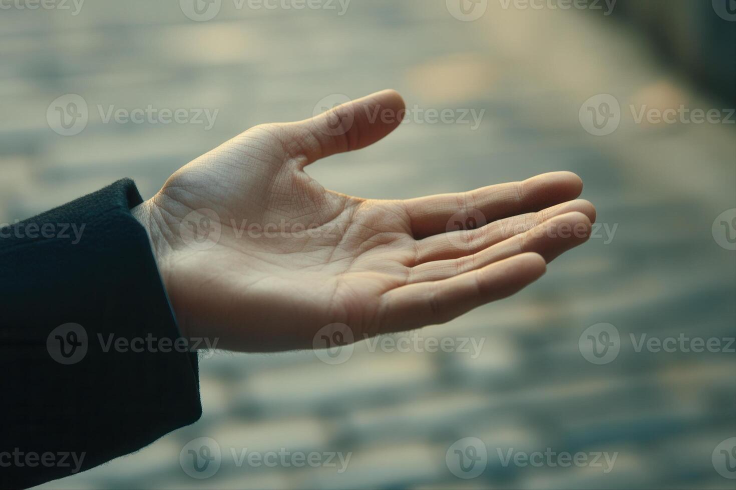 Open hand reaching out on a cobblestone street, evoking a sense of connection and warmth photo