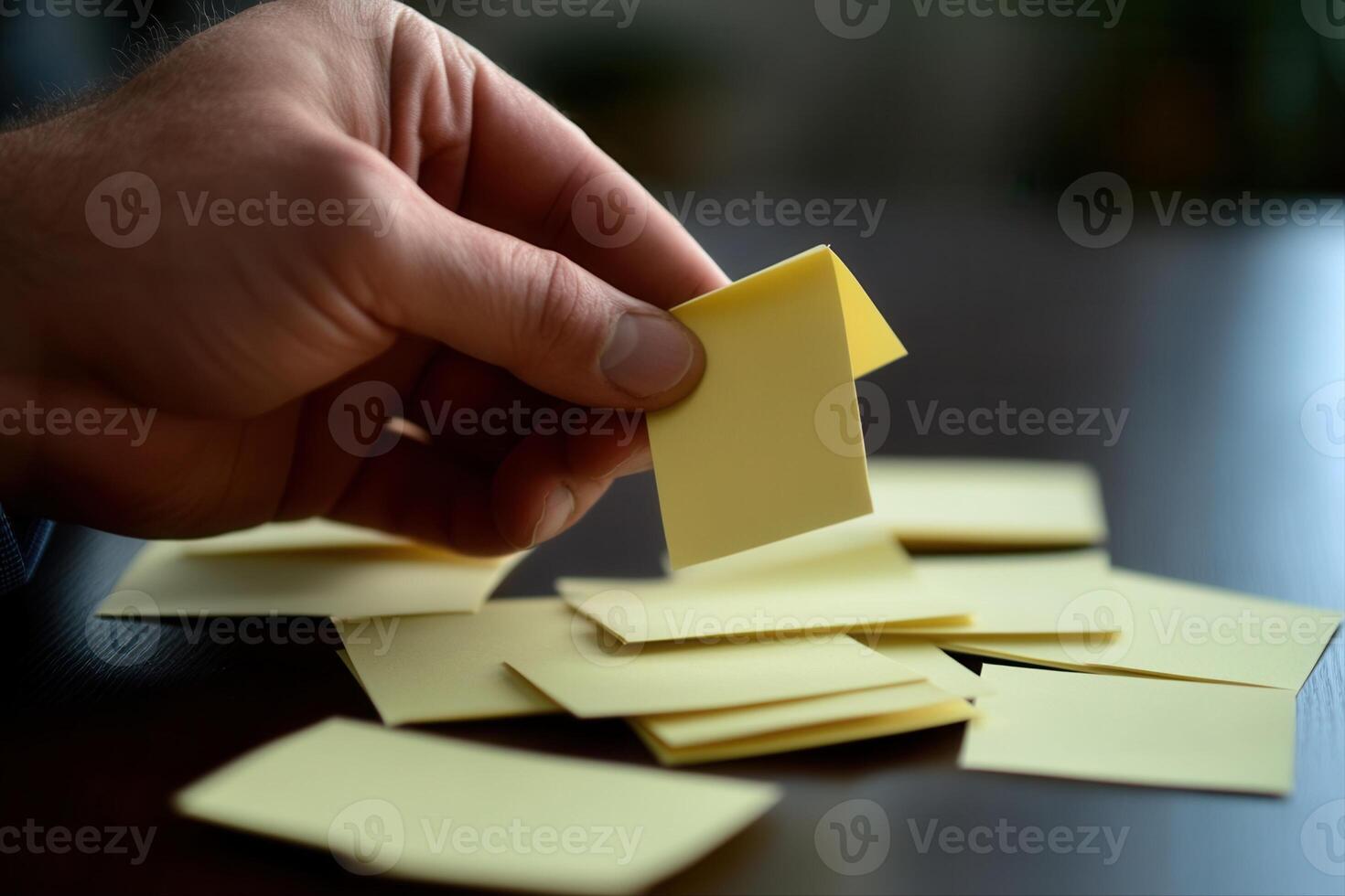 Person holding a yellow sticky note above a scattered pile of similar notes on a wooden table photo