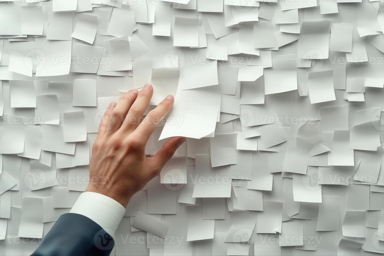 Hand reaching for blank sticky notes on a wall, symbolizing organization and planning photo