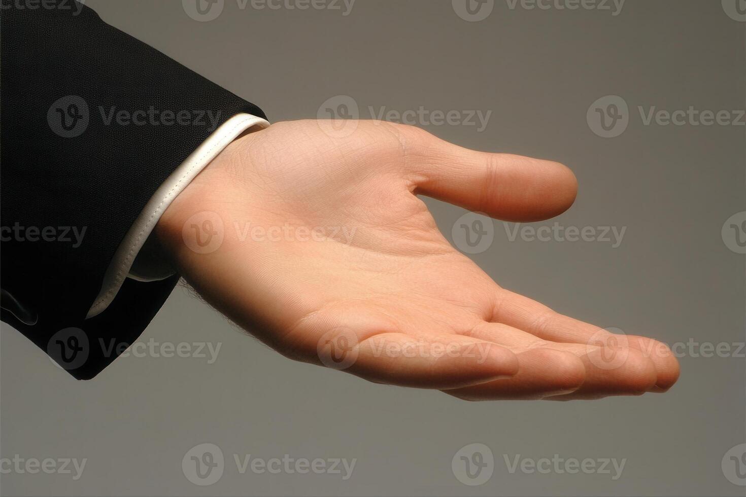 Outstretched hand in a formal suit, symbolizing offering or invitation against a neutral background photo