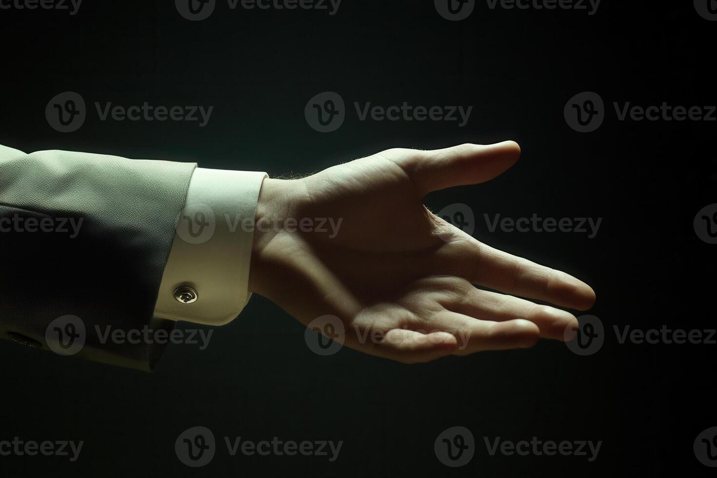 Elegant outstretched hand in a suit against a dark background, symbolizing invitation or assistance photo