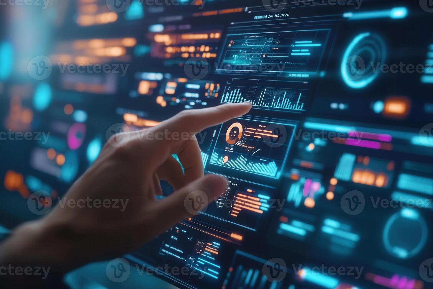 Futuristic interface interaction showcasing data analysis and visualization in a digital environment photo