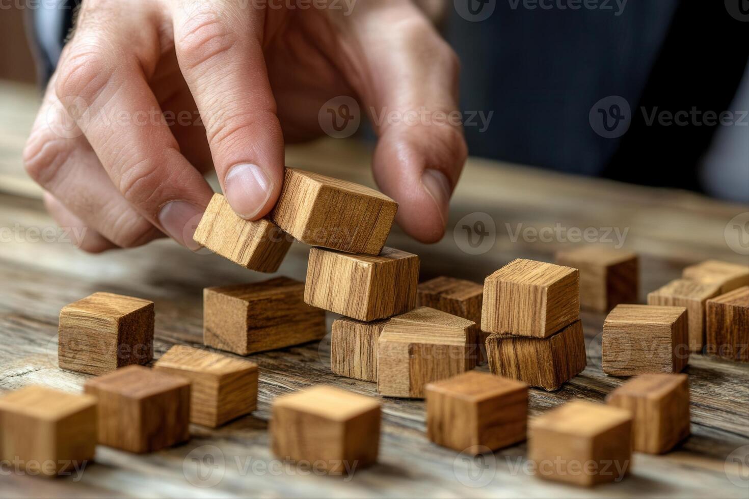 Person stacking wooden blocks on a rustic table, showcasing focus and dexterity in play photo