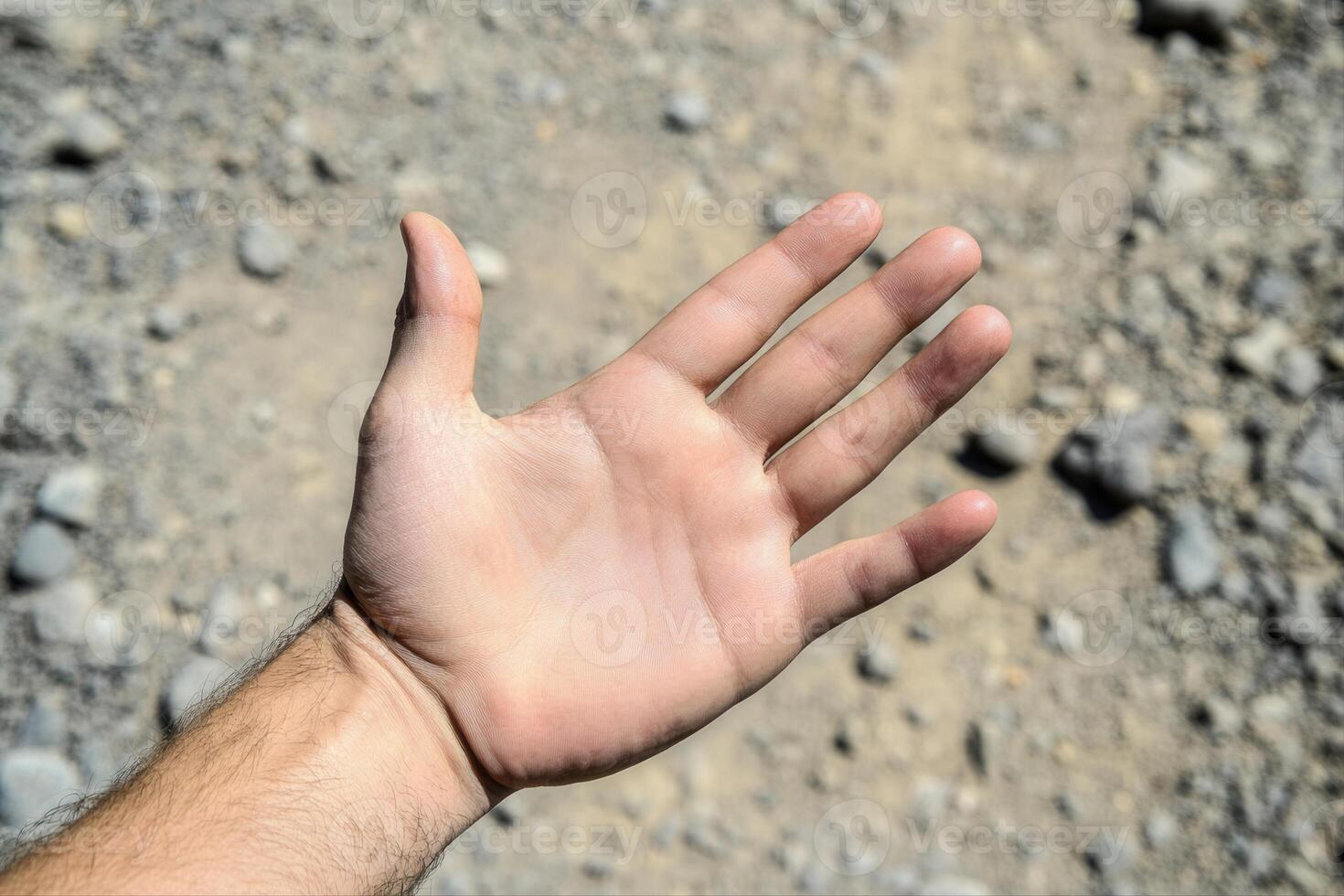 Open hand reaching out over a rocky ground, showcasing texture and natural elements photo