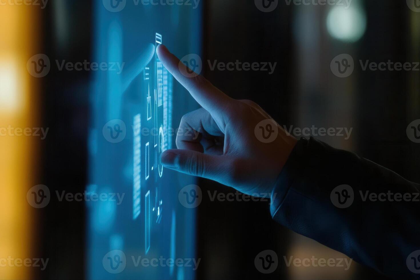 Person interacting with a digital touchscreen interface in a modern, tech-savvy environment photo