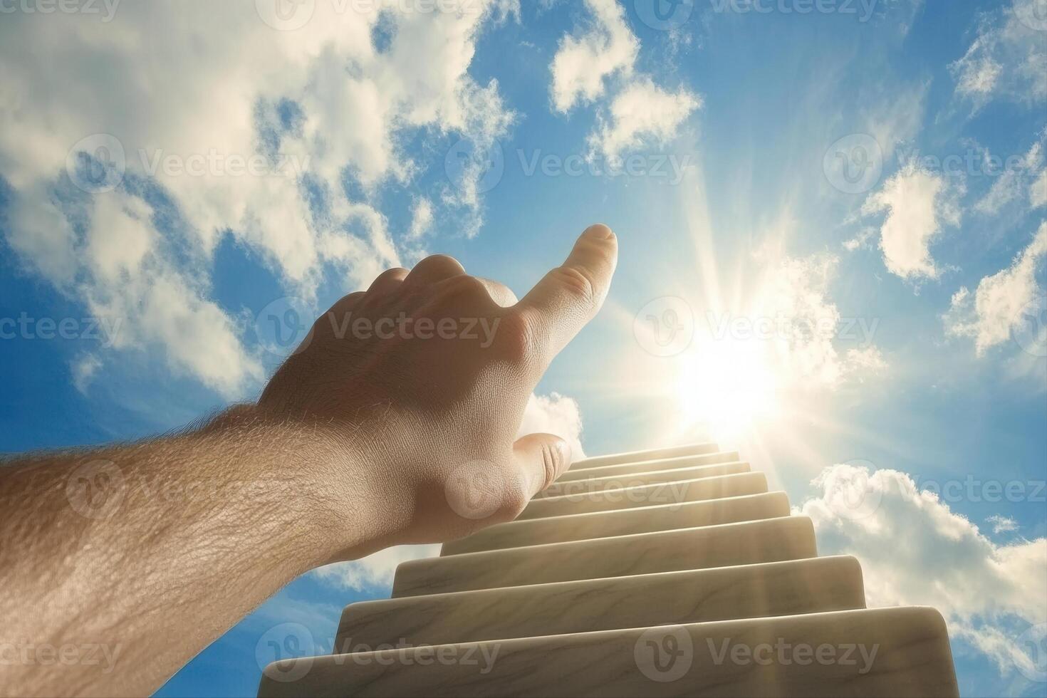 Reaching for the Sun A Hand Pointing Towards Bright Skies Above a Staircase photo