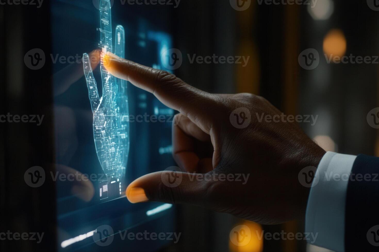 Hand interacting with futuristic touchscreen displaying biometric data in modern setting photo